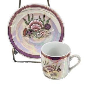 Republica Dominicana TEA CUP & SAUCER SET Demitasse Iridescent Pink Shell Ocean